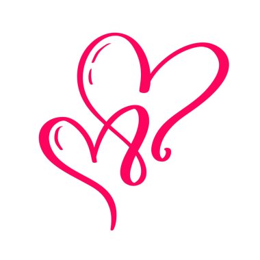 Çift monoline kırmızı vektör Sevgililer günü el çizilmiş kaligrafi iki kalpler. Hat yazı illüstrasyon. Tatil tasarım öğesi Sevgililer. Web, Düğün ve yazdırma için simge aşk dekor. İzole