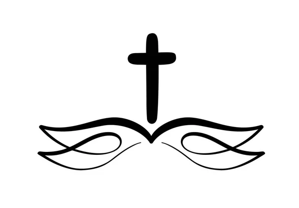 Ilustración vectorial del logotipo cristiano. Emblema con la Cruz y la Santa Biblia. Comunidad religiosa. Elemento de diseño para póster, logotipo, insignia, signo — Archivo Imágenes Vectoriales