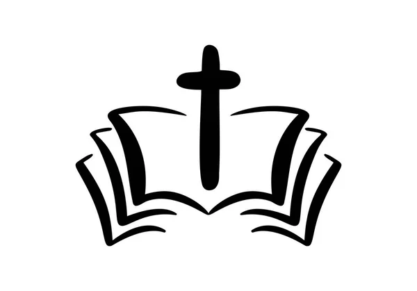 Ilustração vetorial do logotipo cristão. Emblema com Cruz e Bíblia Sagrada. Comunidade religiosa. Elemento de design para cartaz, logotipo, crachá, sinal —  Vetores de Stock