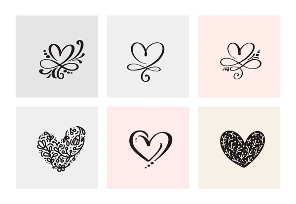 Set de seis Corazones Caligráficos Dibujados a Mano Vector San Valentín vintage. Ilustración de letras caligráficas. San Valentín de diseño de vacaciones. Icono amor decoración para web, boda e impresión. Aislado — Vector de stock