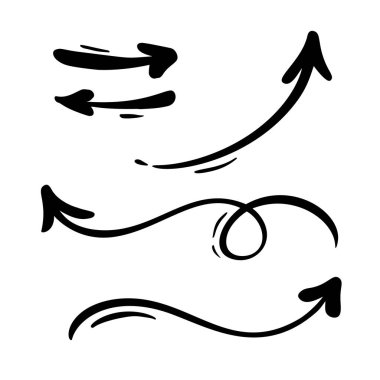 Soyut vektör okları ayarlayın. El yapımı işaret stili doodle. Dikkat, iş planı, grafik sunum için izole kroki çizim