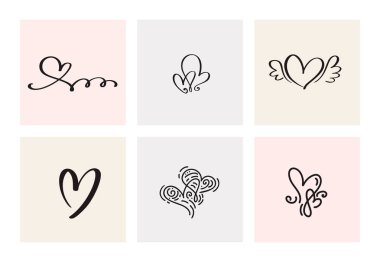 Altı vintage vektör Sevgililer günü el çizilmiş kaligrafi kalpler kümesi. Hat yazı illüstrasyon. Tatil tasarım Sevgililer. Web, Düğün ve yazdırma için simge aşk dekor. İzole.