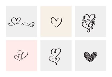Altı vintage vektör Sevgililer günü el çizilmiş kaligrafi kalpler kümesi. Hat yazı illüstrasyon. Tatil tasarım Sevgililer. Web, Düğün ve yazdırma için simge aşk dekor. İzole.
