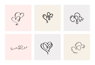 Altı vintage vektör Sevgililer günü el çizilmiş kaligrafi kalpler kümesi. Hat yazı illüstrasyon. Tatil tasarım Sevgililer. Web, Düğün ve yazdırma için simge aşk dekor. İzole.