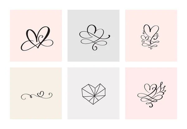 Set Sei Cuori Calligrafici Vettoriali Vintage San Valentino Disegnati Mano — Vettoriale Stock