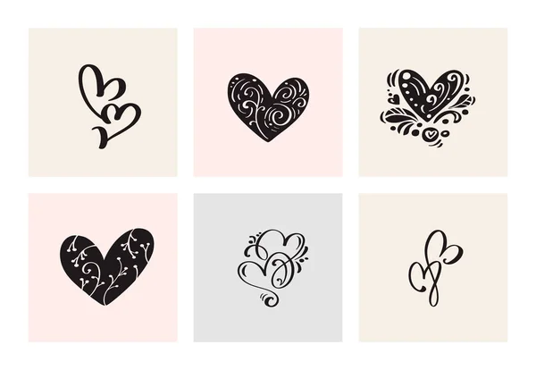 Satz Von Sechs Vektor Valentinen Tag Handgezeichnete Kalligraphische Herzen Kalligraphie — Stockvektor