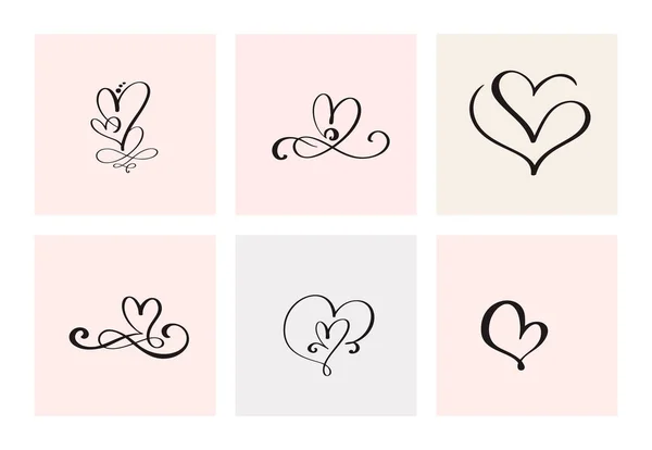 Set Seis Corazones Caligráficos Dibujados Mano Vector San Valentín Vintage — Vector de stock