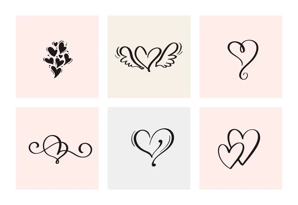 Set Seis Corazones Caligráficos Dibujados Mano Vector San Valentín Vintage — Vector de stock