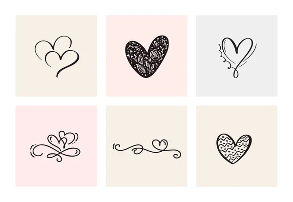 Ensemble Six Coeurs Calligraphiques Dessinés Main Pour Saint Valentin Vectorielle — Image vectorielle