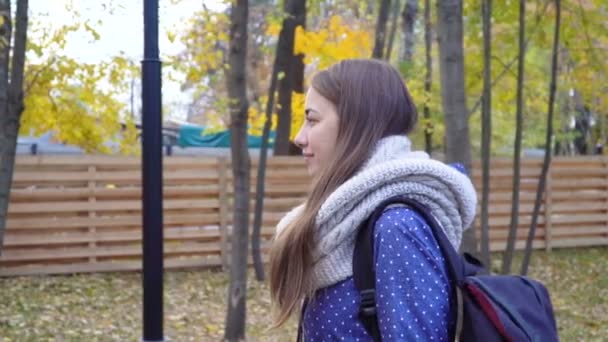 Hermosa mujer joven lleva bufanda de punto y caminar en el parque de otoño. Movimiento de vídeo 4k — Vídeo de stock