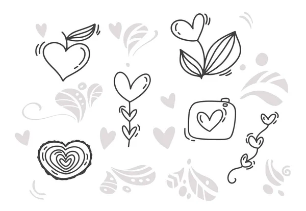 Vector monoline Valentines Day Éléments dessinés à la main. Joyeuse Saint Valentin. Esquisse de vacances doodle Carte de conception avec coeur. Décor d'illustration isolé pour web, mariage et impression — Image vectorielle