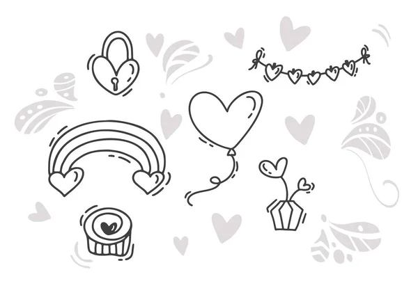 Vector monoline Valentine Day Elementos desenhados à mão. Feliz Dia dos Namorados. Holiday esboço doodle cartão de design com coração. Isolado decoração ilustração para web, casamento e impressão — Vetor de Stock