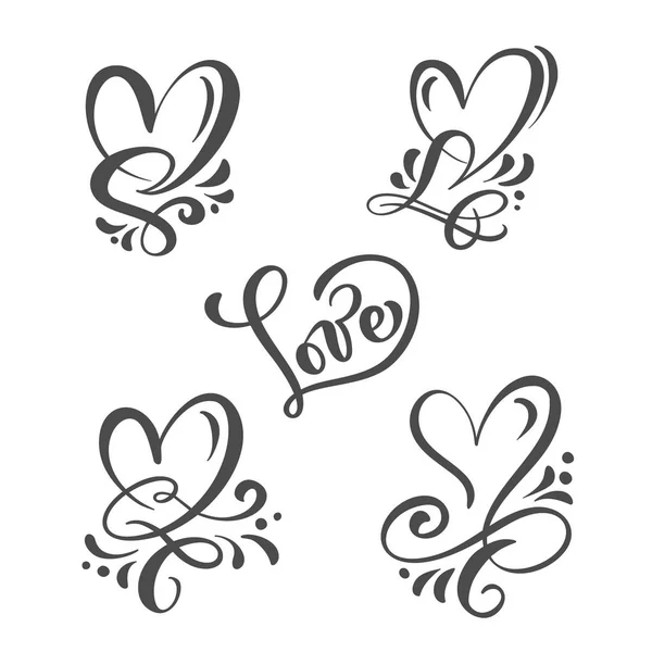 Conjunto de gris Caligrafía palabra Amor y corazones. Vector Valentines Day Letras dibujadas a mano. Tarjeta de San Valentín Holiday Design. Decoración de amor para web, boda e impresión. Ilustración aislada — Vector de stock