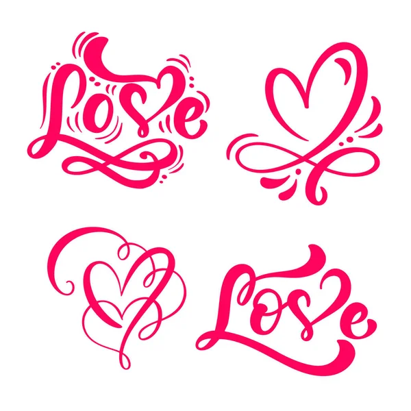 Conjunto de caligrafía roja palabra Amor y corazones. Vector Valentines Day Letras dibujadas a mano. Tarjeta de San Valentín Holiday Design. Decoración de amor para web, boda e impresión. Ilustración aislada — Vector de stock