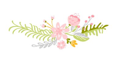 Düz soyut yeşil çiçek otlar buketi. Vektör çayır Bahçe bahar easter, kadın gün romantik tatil, düğün davetiye kartı dekorasyon öğesi yaz çiçek resimde beyaz arka plan