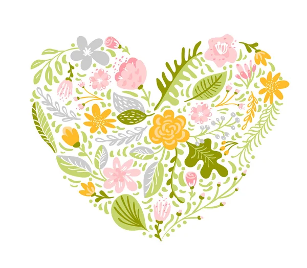 Vektorillustration von bunten Blumen in Herzform. handgezeichnete florale flache isolierte Elemente in pastellfarbener trendiger Palette. Frühling oder Sommer Karte, Liebe Hochzeit, Poster, Einladung, Wohnkultur drucken — Stockvektor