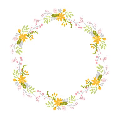 Bahar çiçeği otlar çelenk. Düz soyut vektör Bahçe çerçeve, kadın gün romantik tatil, düğün davetiye kartı dekorasyon öğesi yaz çiçek illüstrasyon izole beyaz arka plan