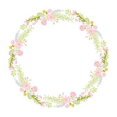 Bahar çiçeği otlar çelenk. Düz soyut vektör Bahçe çerçeve, kadın gün romantik tatil, düğün davetiye kartı dekorasyon öğesi yaz çiçek illüstrasyon izole beyaz arka plan