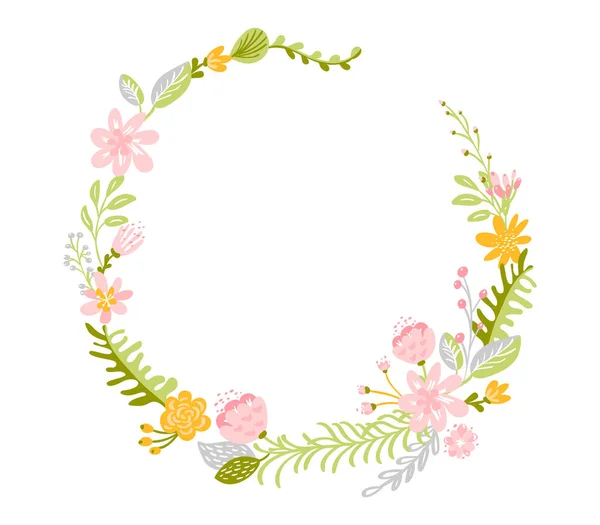 Corona de hierbas de flores de primavera. Plano abstracto Vector jardín marco, día de la mujer vacaciones románticas, boda invitación tarjeta decoración elemento verano floral Ilustración aislado fondo blanco — Vector de stock