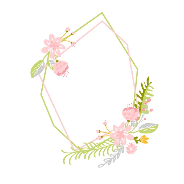 Γεωμετρική άνοιξη στεφάνι με λουλούδια. Αφηρημένο διανυσματικό επίπεδη βότανο κήπο πλαίσιο. Γυναίκα ημέρα ρομαντικές διακοπές, γάμος πρόσκληση κάρτα διακοσμητικό στοιχείο του καλοκαιριού floral εικονογράφηση απομονωμένη λευκό φόντο — Διανυσματικό Αρχείο
