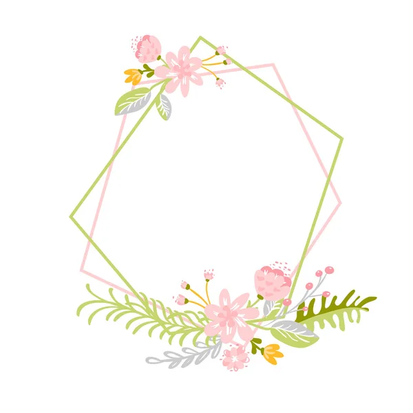 Meetkundige lente krans met bloem. Platte kruid abstract vector tuin frame. Vrouw dag romantische vakantie, bruiloft uitnodiging kaart decoratie element zomer bloemen illustratie geïsoleerd witte achtergrond — Stockvector