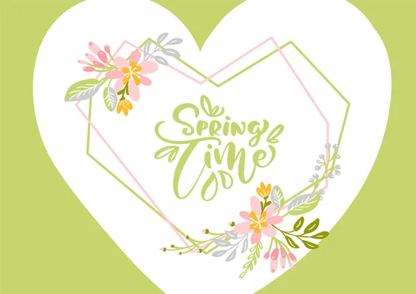 Flower Vector greeting card with text Spring Time. Isolated flat illustration on white background in form of heart. Spring scandinavian hand drawn nature wedding design — Stock Vector
