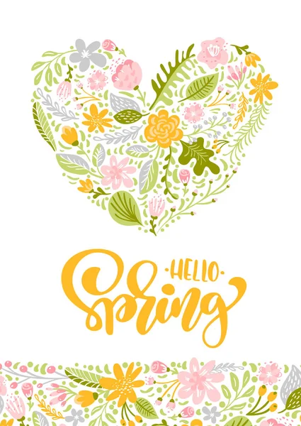 Virág vektor üdvözlés kártya-val szöveg tavaszi Hello. Elszigetelt lapos illusztráció a fehér háttér előtt. Tavaszi skandináv kézzel rajzolt természet esküvői tervezés — Stock Vector
