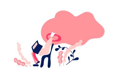 Genç kadın sosyal medya ile bir dizüstü bilgisayar kullanarak. Sosyal ağ serbest kavramında sandalye alma konusunda oturan kızı seviyor. Vektör çizgi film illüstrasyon izole beyaz arka plan üzerinde