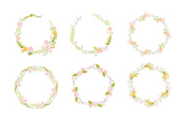 Bahar çiçeği otlar çelenk kümesi. Düz soyut vektör Bahçe çerçeve, kadın gün romantik tatil, düğün davetiye kartı dekorasyon öğesi yaz çiçek şekil