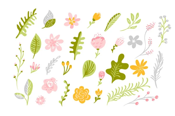 Set di vettoriale isolato fiore piatto su sfondo bianco. Primavera scandinavo floreale disegnato a mano disegno della natura illustrazione matrimonio. Per biglietti di auguri, stampe, libri per bambini — Vettoriale Stock