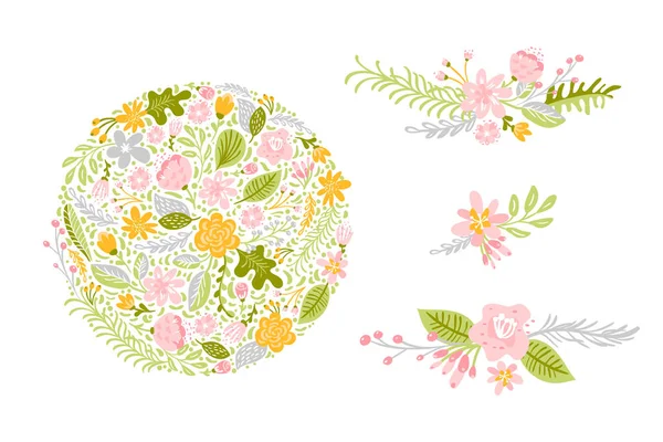 Set Flower Vectors dalam warna pastel. Ilustrasi datar bunga yang terisolasi pada latar belakang putih. Spring skandinavia tangan ditarik alam desain pernikahan - Stok Vektor