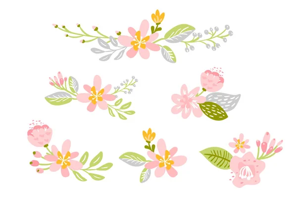 Conjunto de Vector isolado flor plana sobre fundo branco. Primavera sScandinavian floral mão desenhada natureza ilustração casamento design. Para cartão de saudação, impressão, livro de crianças —  Vetores de Stock