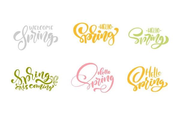 Set of six welcome Spring Pastel Calligraphy lettering phrases. Vector Hand Drawn Isolated text. Sketch doodle design for greeting card, scrapbook, print — Stock Vector