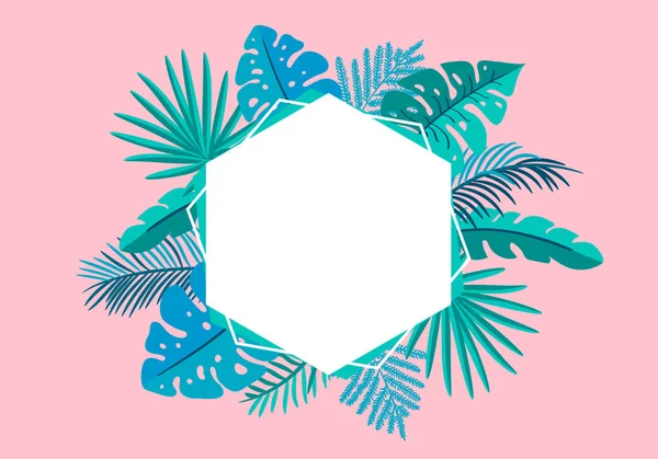 Vektor nyári virágos keret trópusi tenyér hagy hely a szöveg. színes a üdvözlőlap nyomtatás, design elemek. a rózsaszín háttér elszigetelt illusztráció — Stock Vector