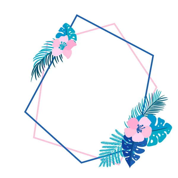 Geometrické letní věnec s kytičkou tropical palm a místo pro text. Plochý bylina abstraktní vektor zahradní rám. Svatební přání, dekorace prvek monstera květinové samostatný obrázek — Stockový vektor