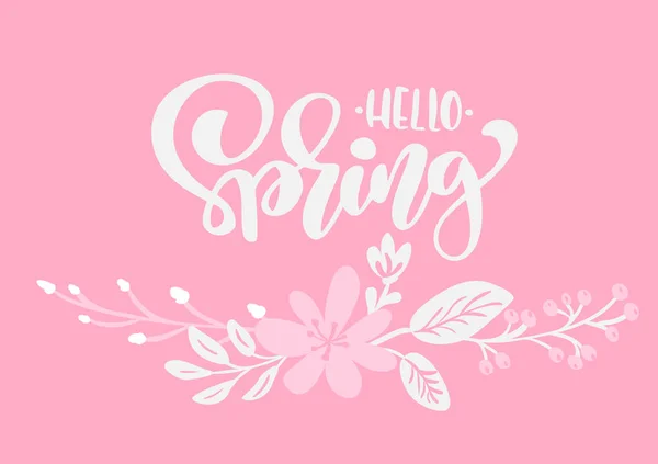 Bouquet of flowers vector greeting card with text Hello Spring. Isolated flat illustration on pink background. Spring scandinavian hand drawn nature design — Stock Vector