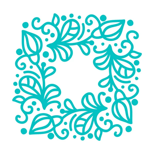 Turquoise vector monoline kalligrafie bloeien frame voor wenskaart. Vintage Hand getrokken floral monogram elementen. Schets doodle design met plaats voor tekst. Geïsoleerde illustratie — Stockvector