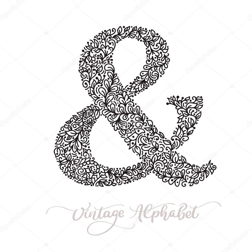 Vector monoline sign - ampersand. Vintage logo monogram Concept Icon. Black ink hand drawn illustration isolated on white background