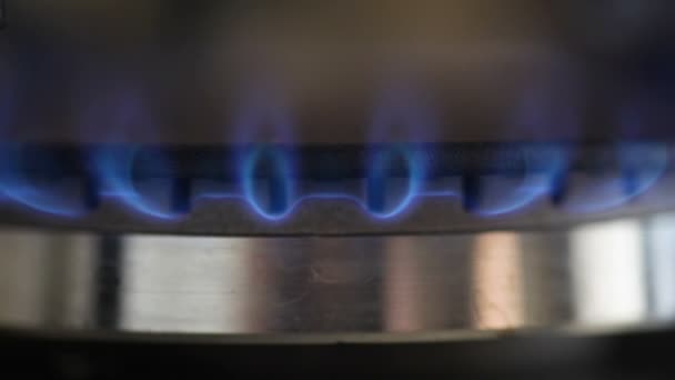 Zánět zemního plynu do hořáku vařiče, zavřete zobrazení — Stock video