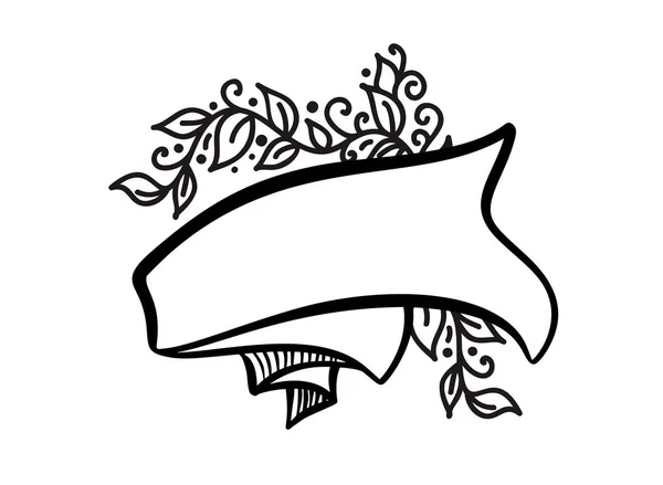 Marco vintage con cinta y lugar para el texto con flores tropicales y hojas sobre fondo blanco, ilustración vectorial para tarjeta de felicitación o boda, día de fiesta, taza, impresión — Vector de stock