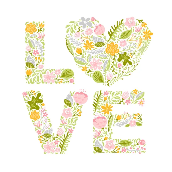 Φλοράλ καλοκαίρι λέξη αγάπη. Λουλούδι γάμο πρωτεύουσα κεφαλαία γράμματα. Πολύχρωμο γραμματοσειρά με λουλούδια και φύλλα. Εικονογράφηση διάνυσμα γκροτέσκο σκανδιναβικό στυλ για γάμου, ημέρα του Αγίου Βαλεντίνου — Διανυσματικό Αρχείο