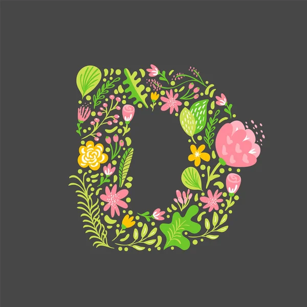 Virágos nyári levél D. virág tőke esküvői nagybetűs ABC. Színes font virágok és levelek. Vektoros illusztráció groteszk skandináv stílusban — Stock Vector