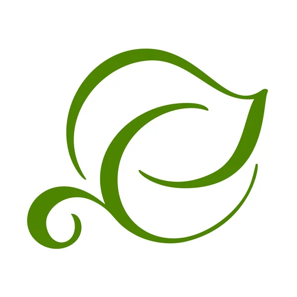 Logotipo de folha verde de chá. Símbolo de ícone de elemento de natureza ecológica. Eco vegan bio caligrafia ilustração desenhada à mão — Vetor de Stock