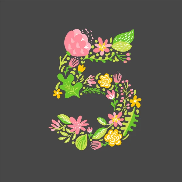 Verano floral número 5 cinco. Flor Capital boda mayúscula alfabeto. Fuente colorida con flores y hojas. Ilustración vectorial estilo escandinavo — Archivo Imágenes Vectoriales