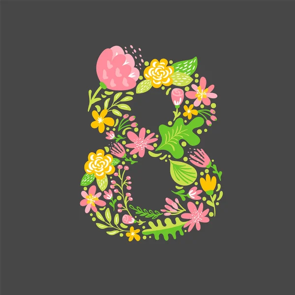 꽃 여름 수 8 8입니다. 대문자 알파벳 결혼식 꽃 수도입니다. 꽃과 잎과 화려한 폰트입니다. 벡터 일러스트 레이 션 스 칸디 나 비아 스타일 — 스톡 벡터