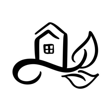 Eko ev yaprağı. Basit kaligrafi doğa vektör Bio Icon. Tasarım için emlak mimarisi Inşaatı. Sanat ev Vintage el çizilmiş Logo yeşil bahçe elemanı