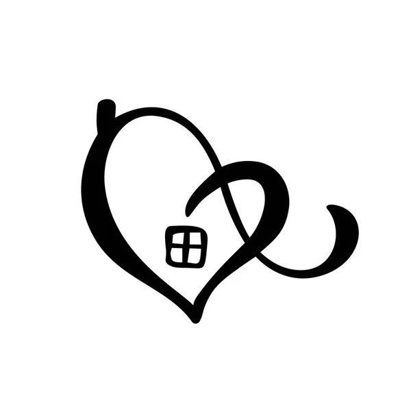 Enkelt kalligrafi hus med hjärta. Verklig vektor ikonen. Consept komfort och skydd. Arkitektur konstruktion för design. Konst hem vintage handritade logo element — Stock vektor