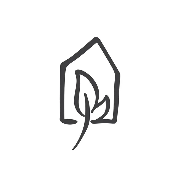 Öko-Hausblatt. einfache Kalligraphie Natur Vektor Bio-Symbol. Nachlassarchitektur Konstruktion für Design. Kunst Vintage Haus Hand gezeichnet Logo grün Garten Element — Stockvektor