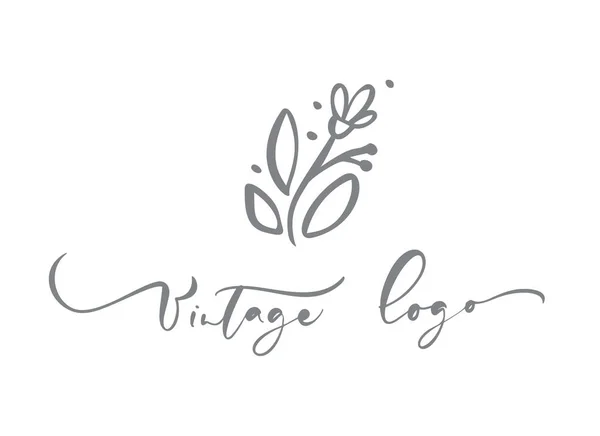 Vintage logo kalligrafisk text. Vector trendiga skandinaviska blommiga hand dras skönhet, organisk kosmetika, florist, fotografering, bröllop blomma, heminredning, emblem emblem logotyper. Ikonen elegant växt — Stock vektor