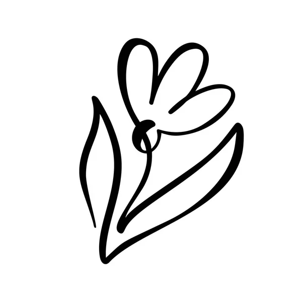 Linha contínua mão desenho caligráfico vetor flor conceito logotipo orgânico. Elemento de design floral primavera escandinavo em estilo mínimo. preto e branco — Vetor de Stock